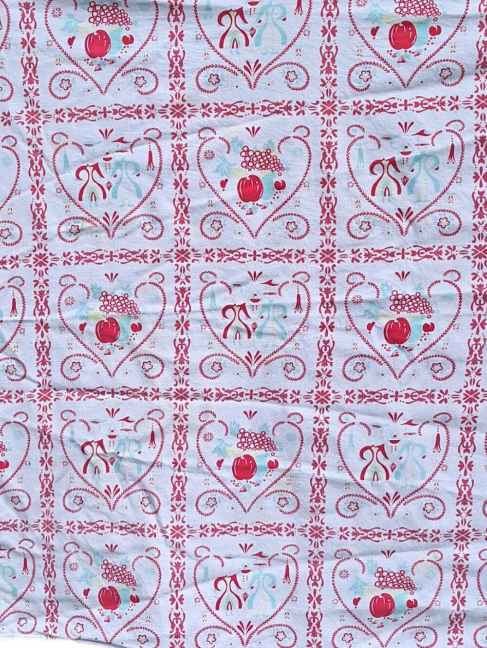 Vintage Mid-Century Folk Pennsylvania Dutch Cotton Printed Fabric Tablecloth